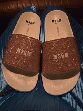 MSGM Milano Rose Gold Glitter Slide Sandals Size 41 Made in Italy Designer